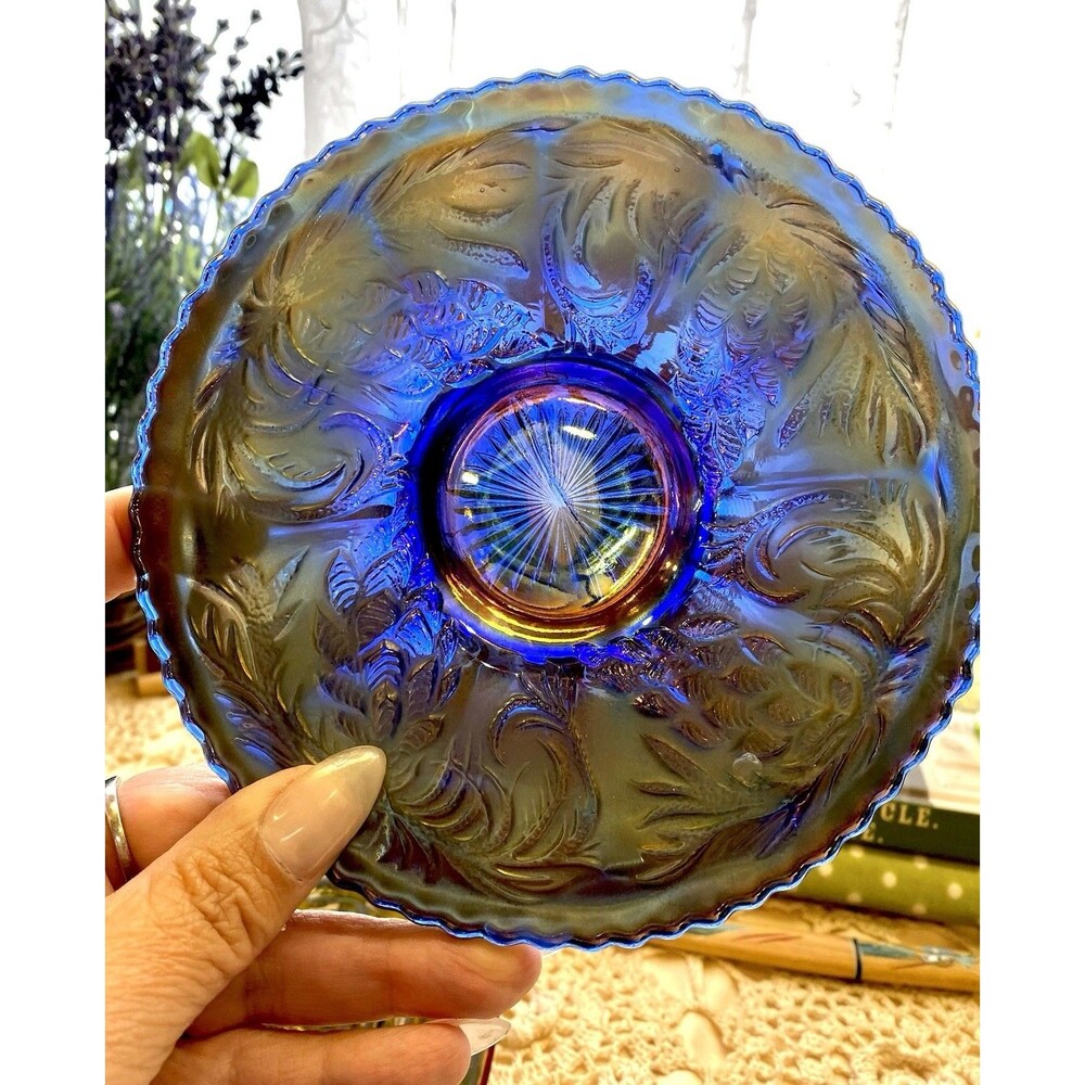 Antique Carnival Glass Cobalt Blue Iridescent Pinecone Plate 6 1/4” Vintage